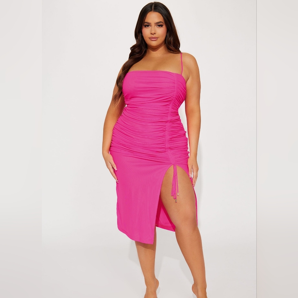 "Elle" Mesh Pink Ruched Dress- Fashion Nova